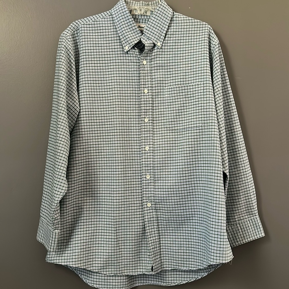 LL Bean Long Sleeve Button Sport Shirt Traditional Fit Blue Green Check 17 34
